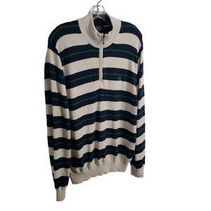 Brooks Brothers 346 Mens Size XL Sweater Merino Wool Striped Half-Zip Beige Navy